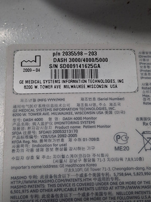 GE Healthcare Dash 4000 - GE/Nellcor SpO2 Patient Monitor