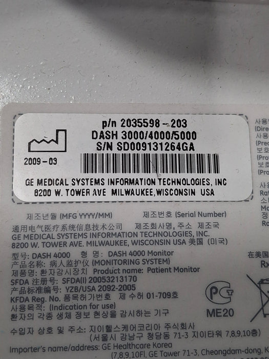 GE Healthcare Dash 4000 - GE/Nellcor SpO2 Patient Monitor