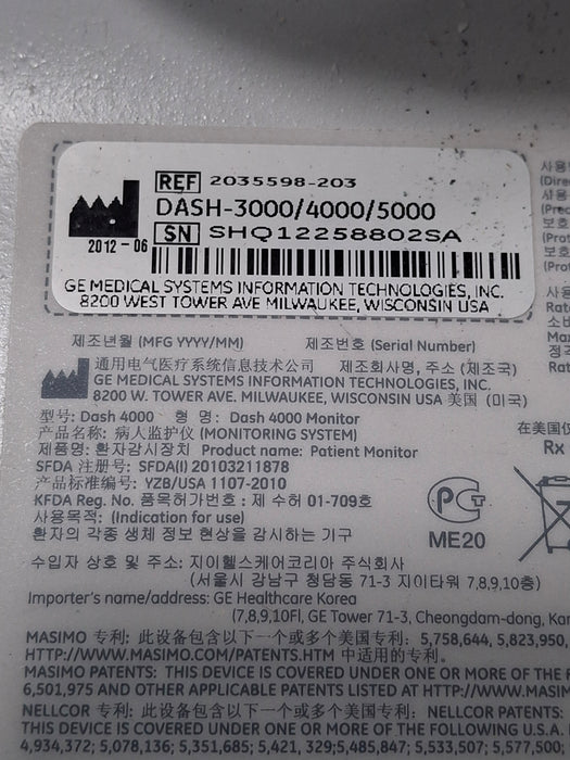 GE Healthcare Dash 4000 - GE/Nellcor SpO2 Patient Monitor