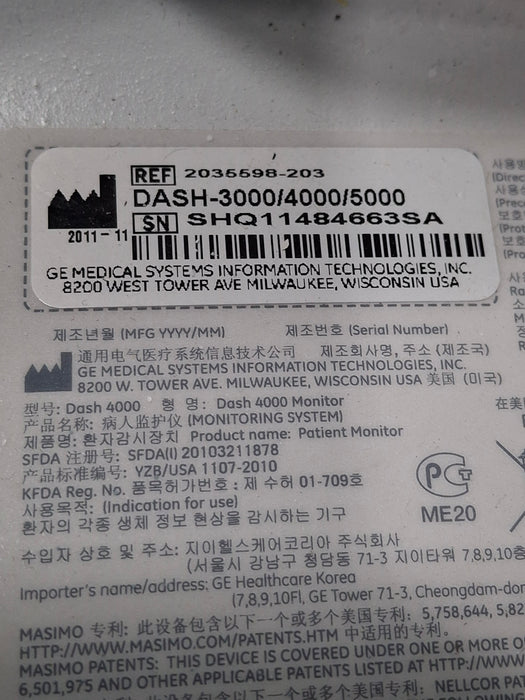 GE Healthcare Dash 4000 - GE/Nellcor SpO2 Patient Monitor