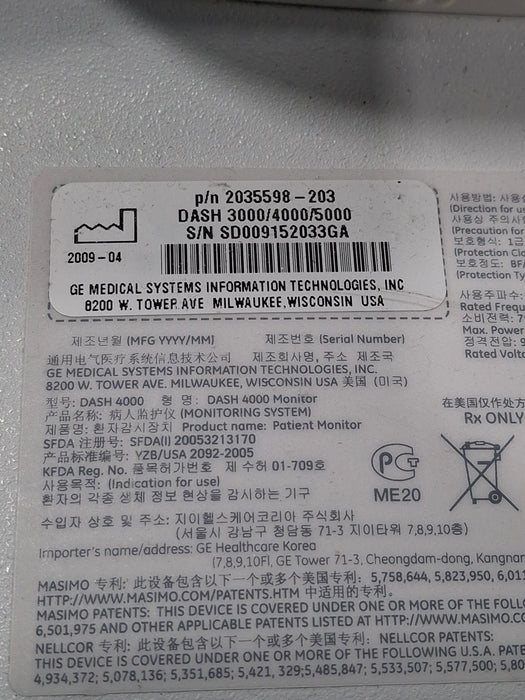 GE Healthcare Dash 4000 - GE/Nellcor SpO2 Patient Monitor