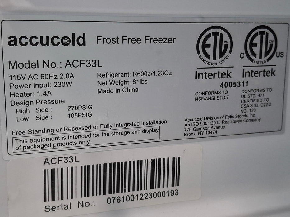 Accucold ACF33L Frost Freeze Freezer