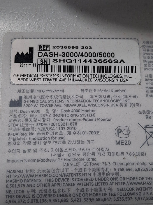 GE Healthcare Dash 4000 - GE/Nellcor SpO2 Patient Monitor