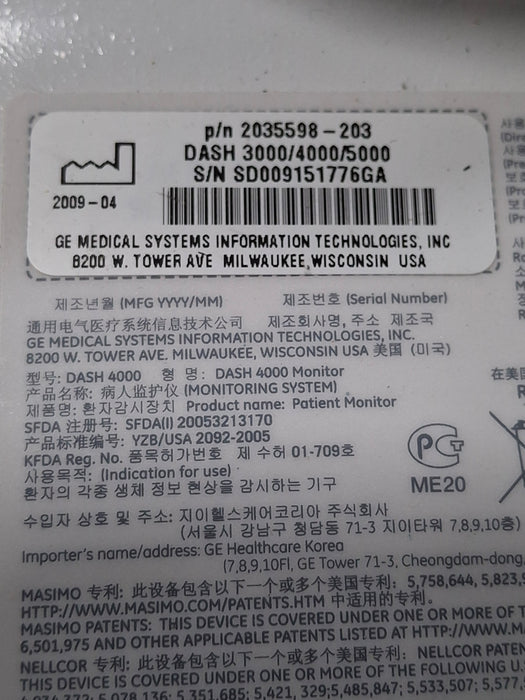 GE Healthcare Dash 4000 - GE/Nellcor SpO2 Patient Monitor