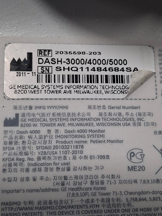 GE Healthcare Dash 4000 - GE/Nellcor SpO2 Patient Monitor