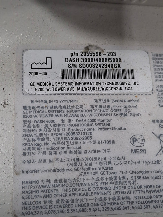 GE Healthcare Dash 4000 - Masimo SpO2 Patient Monitor