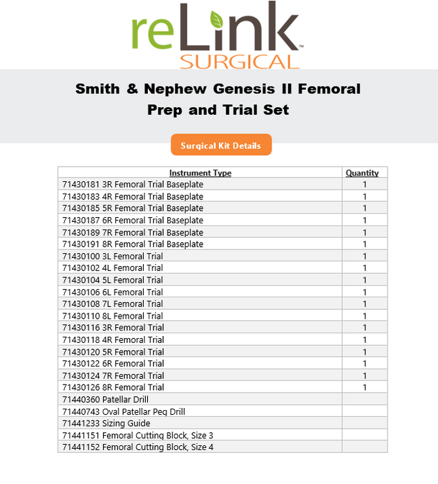 Smith & Nephew Smith & Nephew Genesis II Femoral Prep and Trial Set Surgical Sets reLink Online