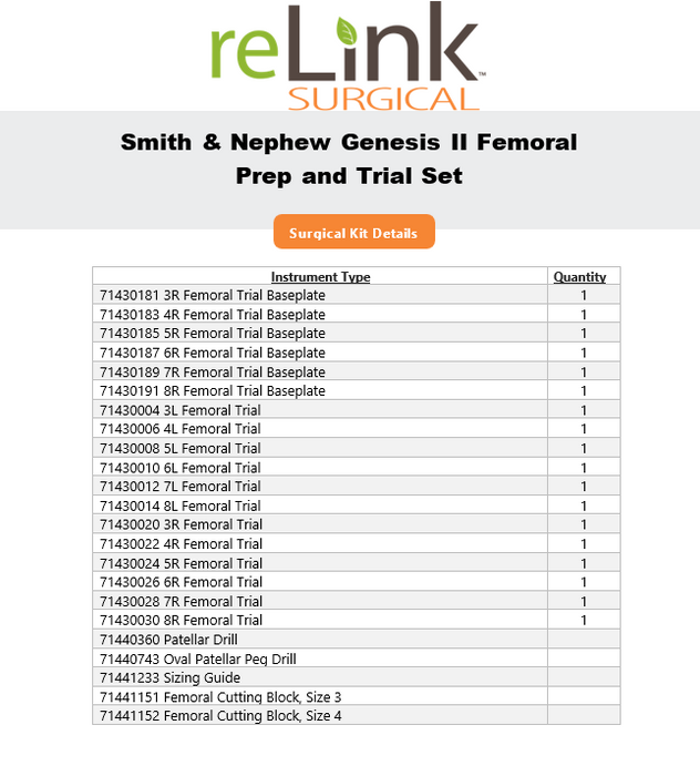 Smith & Nephew Smith & Nephew Genesis II Femoral Prep and Trial Set Surgical Sets reLink Online