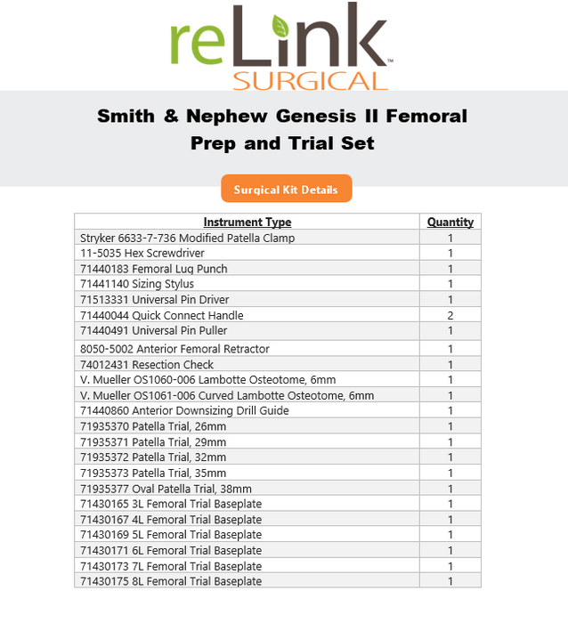 Smith & Nephew Genesis II Femoral Prep and Trial Set