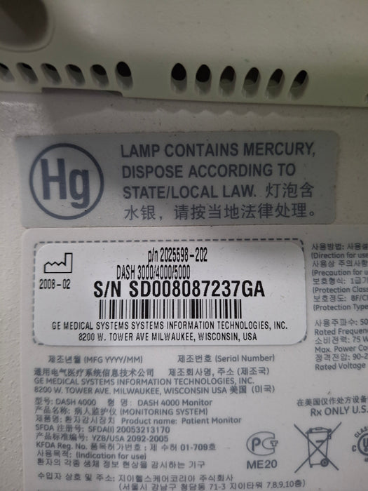 GE Healthcare Dash 4000 - Masimo SpO2 Patient Monitor