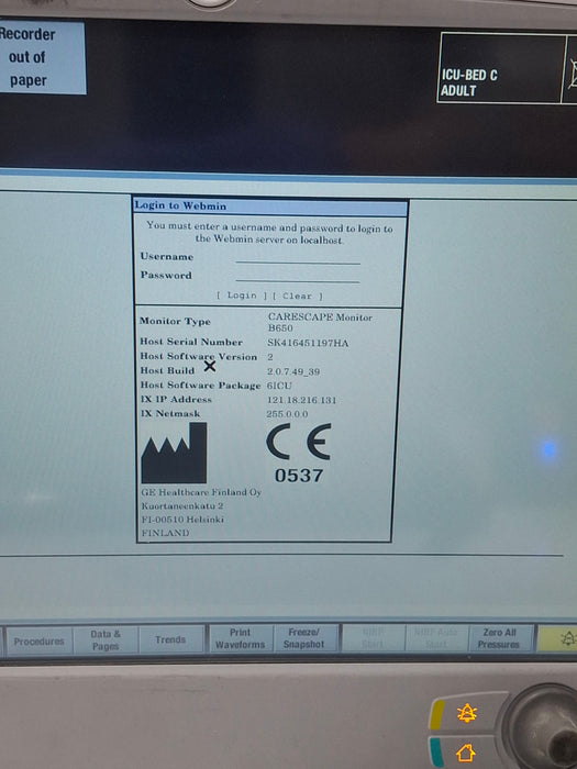 GE Healthcare Carescape B650 Critical Care Patient Monitor