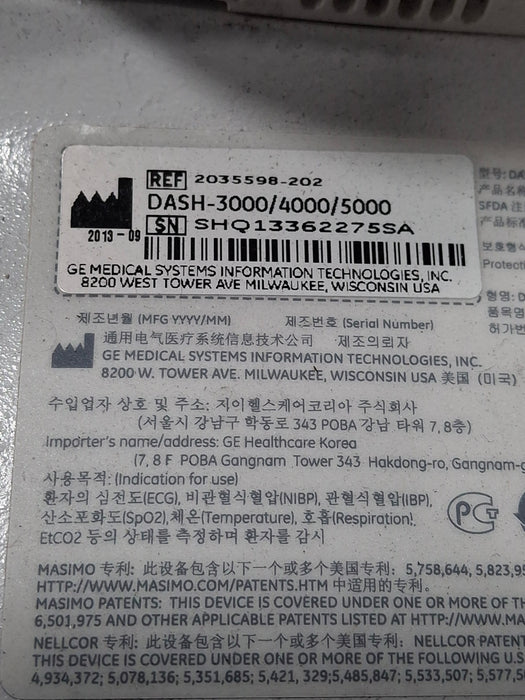 GE Healthcare Dash 4000 - Masimo SpO2 Patient Monitor