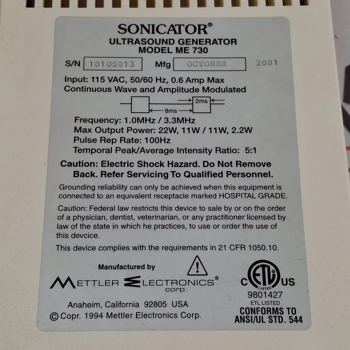 Mettler Electronics Sonicator 730 Ultrasound Therapy Unit