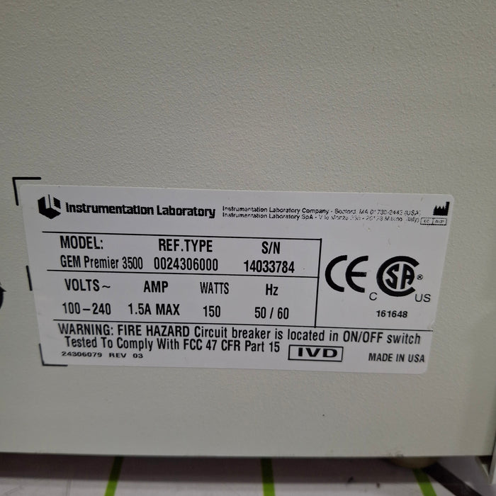 Instrumentation Laboratory Company Instrumentation Laboratory Company GEM Premier 3500 Blood Gas Analyzer Clinical Lab reLink Online