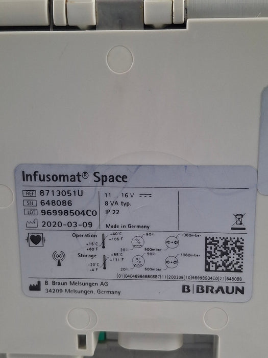 B. Braun Infusomat Space w/Pole Clamp & AC Adapter Infusion Pump