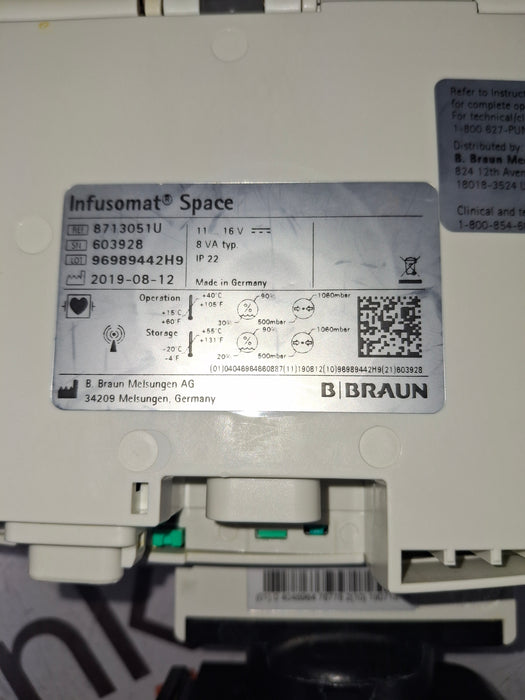 B. Braun Infusomat Space w/Pole Clamp & AC Adapter Infusion Pump
