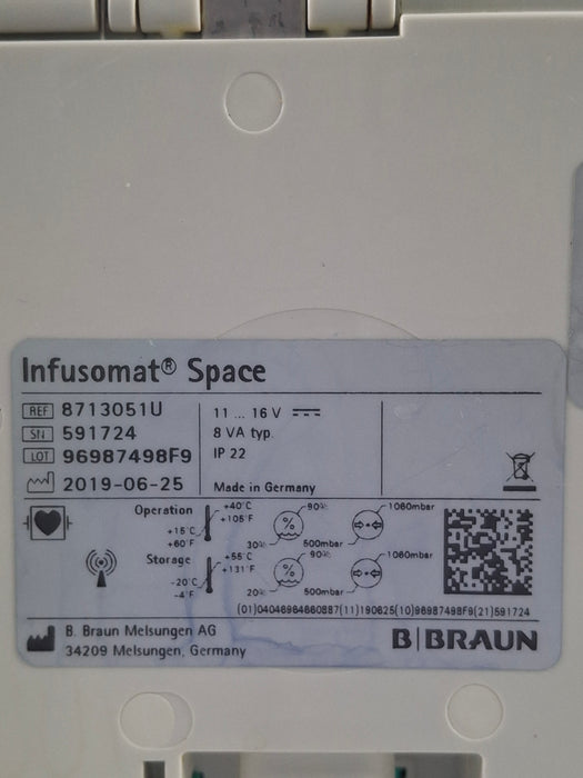 B. Braun Infusomat Space w/Pole Clamp & AC Adapter Infusion Pump