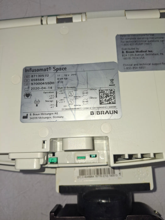 B. Braun Infusomat Space w/Pole Clamp & AC Adapter Infusion Pump