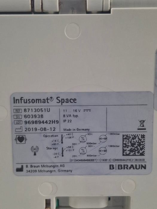 B. Braun Infusomat Space w/Pole Clamp & AC Adapter Infusion Pump