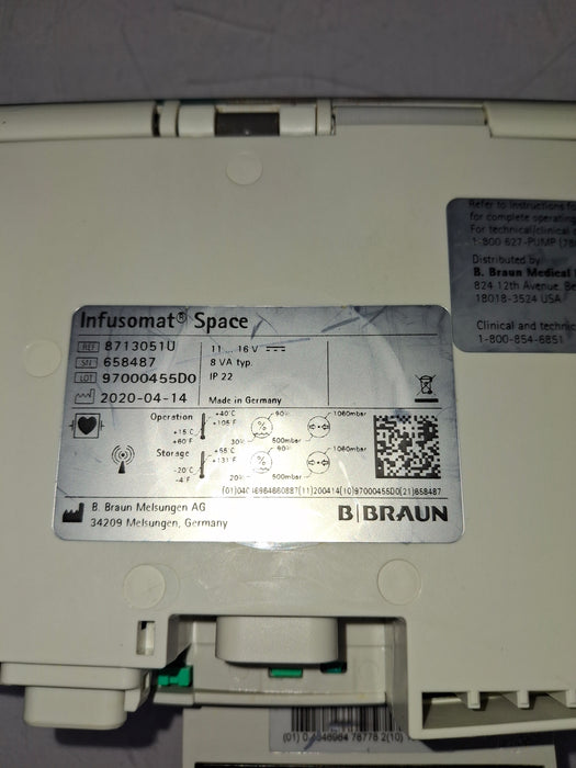 B. Braun Infusomat Space w/Pole Clamp & AC Adapter Infusion Pump