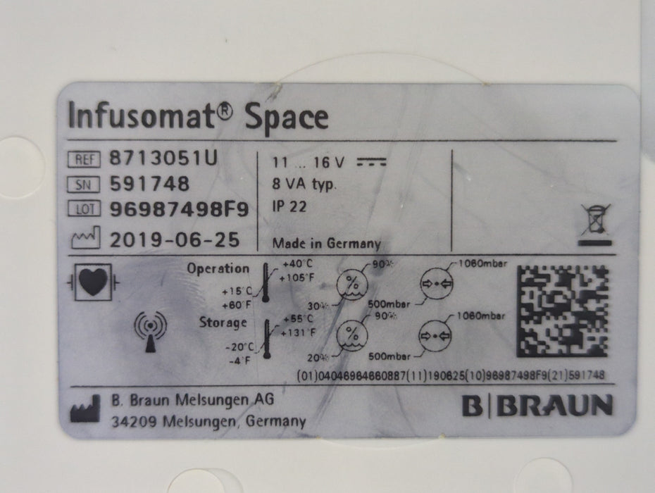 B. Braun Infusomat Space w/AC Adapter Infusion Pump