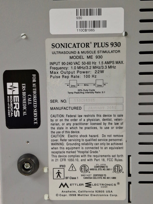 Mettler Electronics Sonicator Plus 930 Ultrasound Therapy Unit