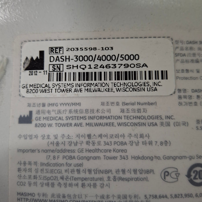 GE Healthcare Dash 3000 - Masimo SpO2 Patient Monitor