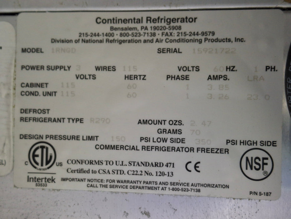 Continental  Refrigerator 1RN-GD Reach in Refrigerator