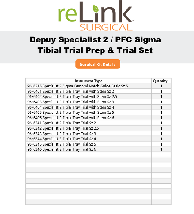 DePuy Specialist 2 / PFC Sigma Tibial Trial Prep & Trial Instrument Set