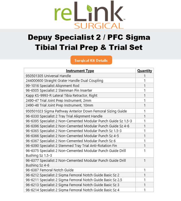 DePuy Specialist 2 / PFC Sigma Tibial Trial Prep & Trial Instrument Set
