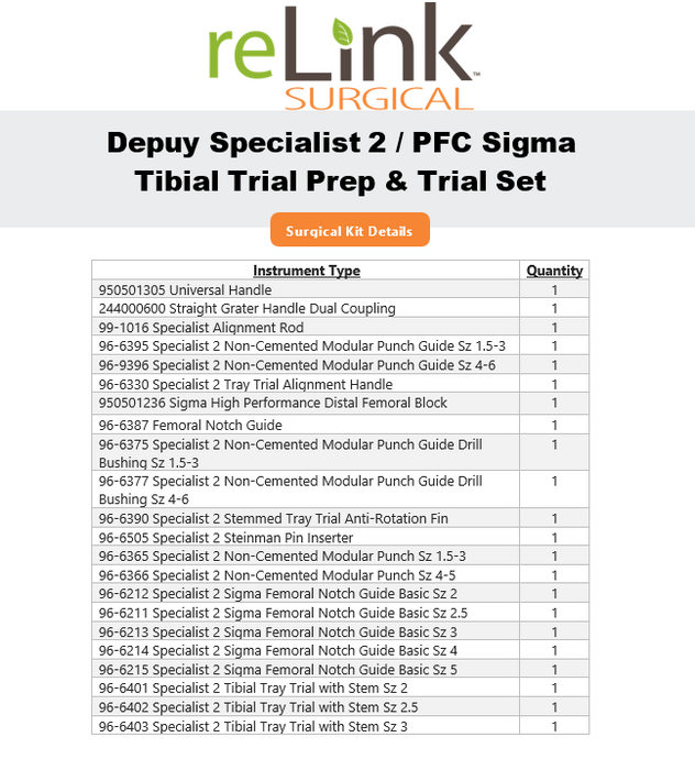 DePuy Specialist 2 / PFC Sigma Tibial Trial Prep & Trial Instrument Set