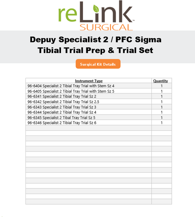 DePuy Specialist 2 / PFC Sigma Tibial Trial Prep & Trial Instrument Set