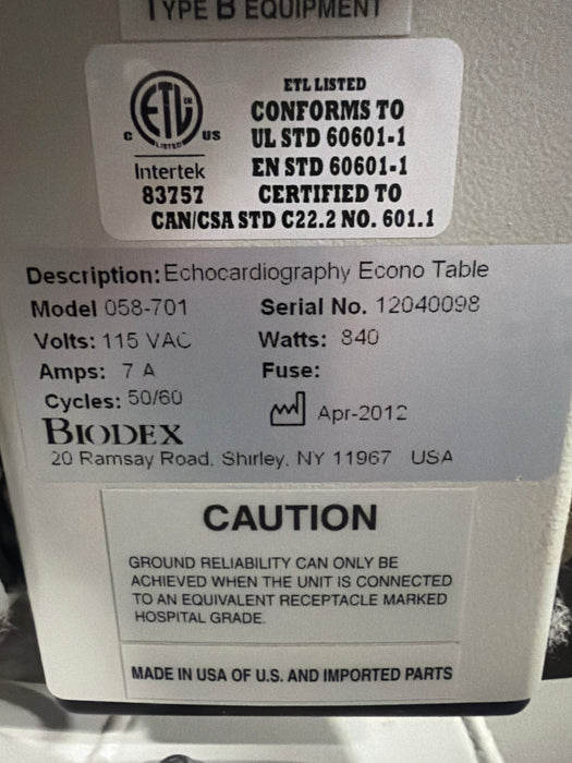Biodex 058-701 Echocardiography Econo Table