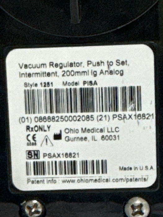 Ohio Medical Corporation Push to Set Vacuum Regulator