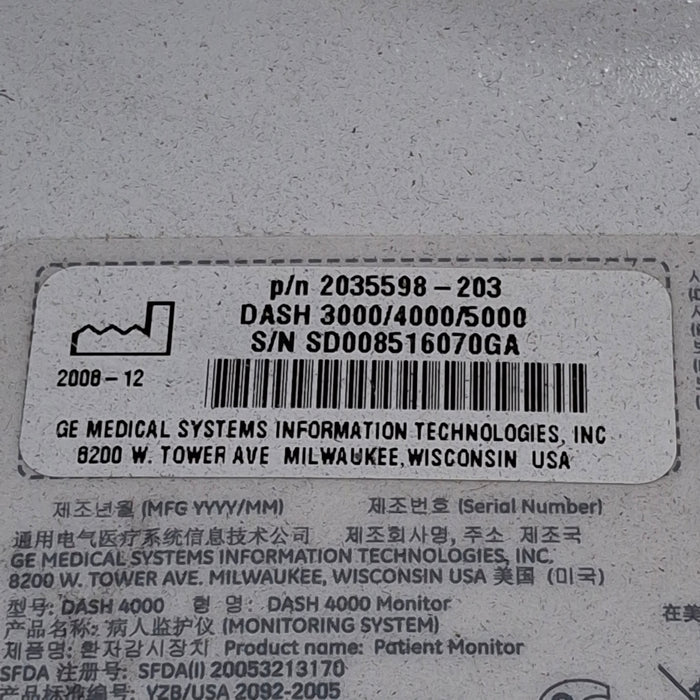 GE Healthcare Dash 4000 - GE/Nellcor SpO2 Patient Monitor