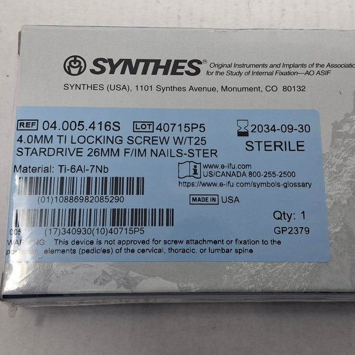 Synthes, Inc. 04.005.416S 4.0mm TI Locking Screw w/ T25 Stardrive 26mm F/IM Nail