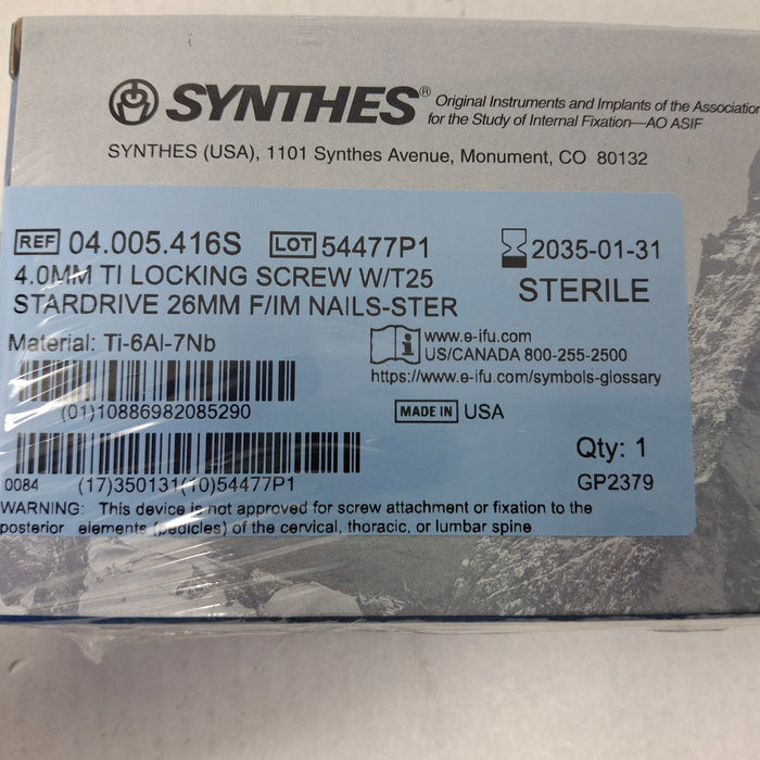 Synthes, Inc. 04.005.416S 4.0mm TI Locking Screw w/ T25 Stardrive 26mm F/IM Nail
