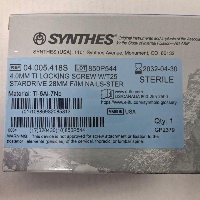 Synthes, Inc. 04.005.418S 4.0mm TI Locking Screw w/ T25 Stardrive 28mm F/IM Nail
