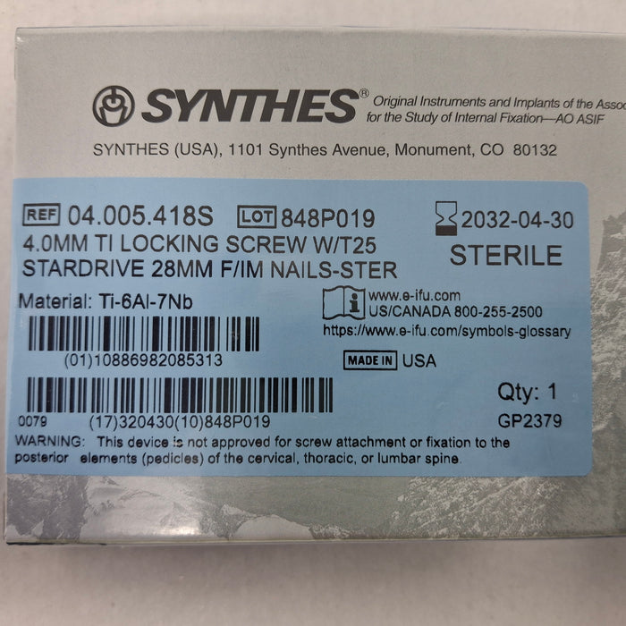 Synthes, Inc. 04.005.418S 4.0mm TI Locking Screw w/ T25 Stardrive 28mm F/IM Nail