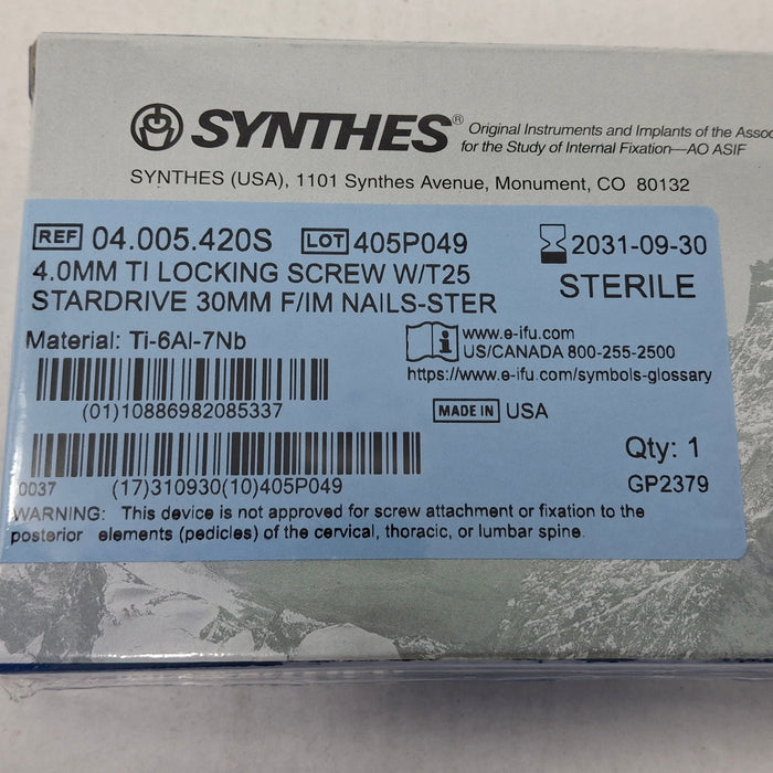 Synthes, Inc. 04.005.420S 4.0mm TI Locking Screw w/ T25 Stardrive 30mm F/IM Nail