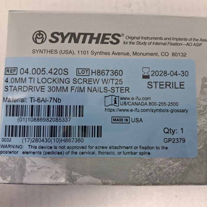 Synthes, Inc. 04.005.420S 4.0mm TI Locking Screw w/ T25 Stardrive 30mm F/IM Nail