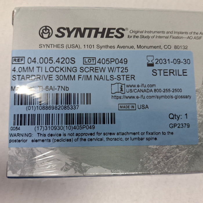 Synthes, Inc. 04.005.420S 4.0mm TI Locking Screw w/ T25 Stardrive 30mm F/IM Nail