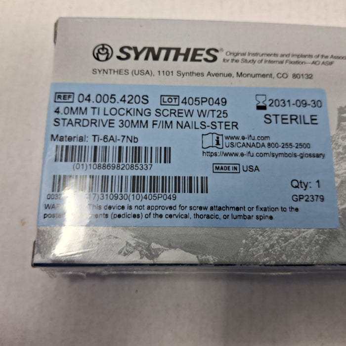 Synthes, Inc. 04.005.420S 4.0mm TI Locking Screw w/ T25 Stardrive 30mm F/IM Nail