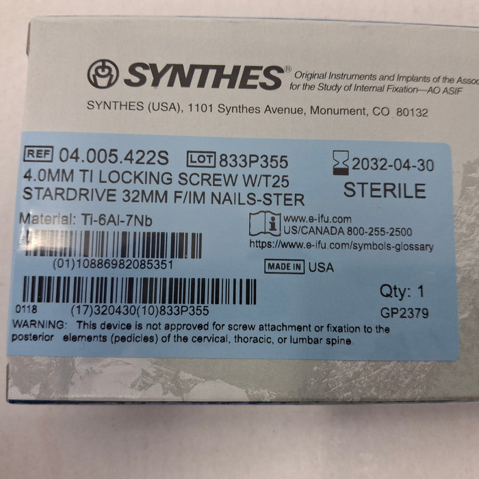 Synthes, Inc. 04.005.422S 4.0mm TI Locking Screw w/ T25 Stardrive 32mm F/IM Nail