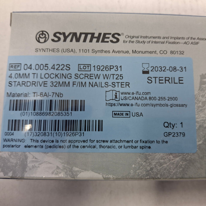 Synthes, Inc. 04.005.422S 4.0mm TI Locking Screw w/ T25 Stardrive 32mm F/IM Nail
