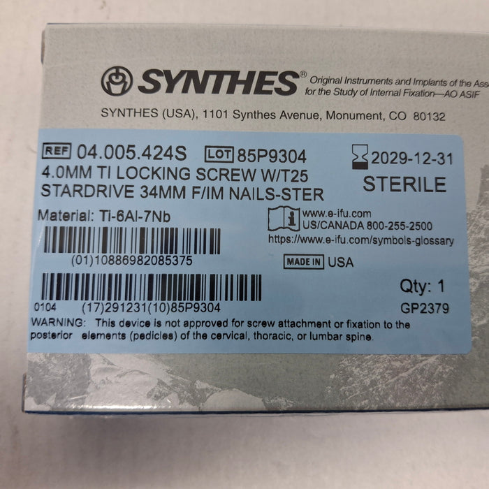 Synthes, Inc. 04.005.424S 4.0mm TI Locking Screw w/ T25 Stardrive 34mm F/IM Nail