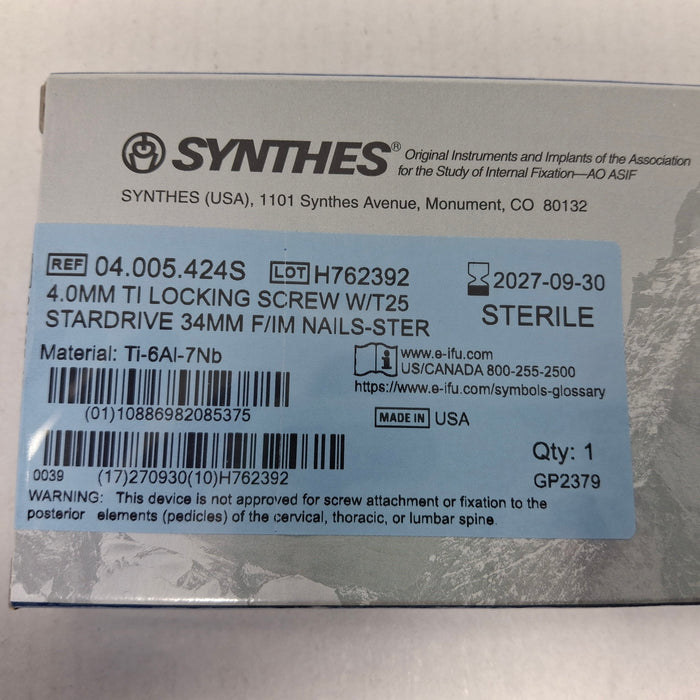 Synthes, Inc. 04.005.424S 4.0mm TI Locking Screw w/ T25 Stardrive 34mm F/IM Nail
