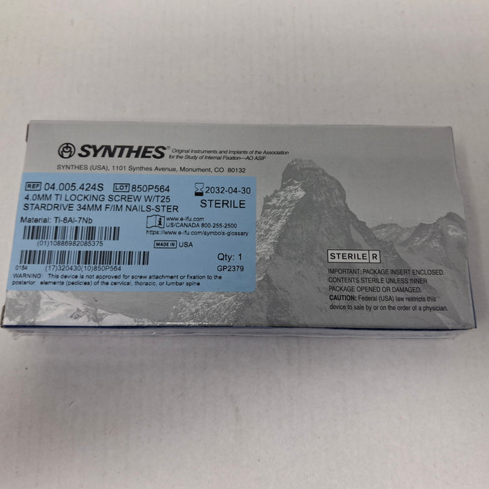 Synthes, Inc. 04.005.424S 4.0mm TI Locking Screw w/ T25 Stardrive 34mm F/IM Nail