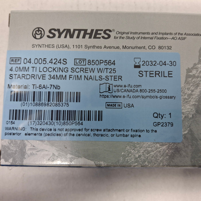 Synthes, Inc. 04.005.424S 4.0mm TI Locking Screw w/ T25 Stardrive 34mm F/IM Nail