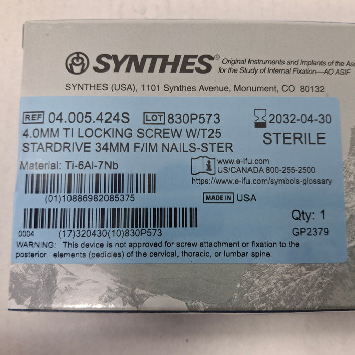 Synthes, Inc. 04.005.424S 4.0mm TI Locking Screw w/ T25 Stardrive 34mm F/IM Nail